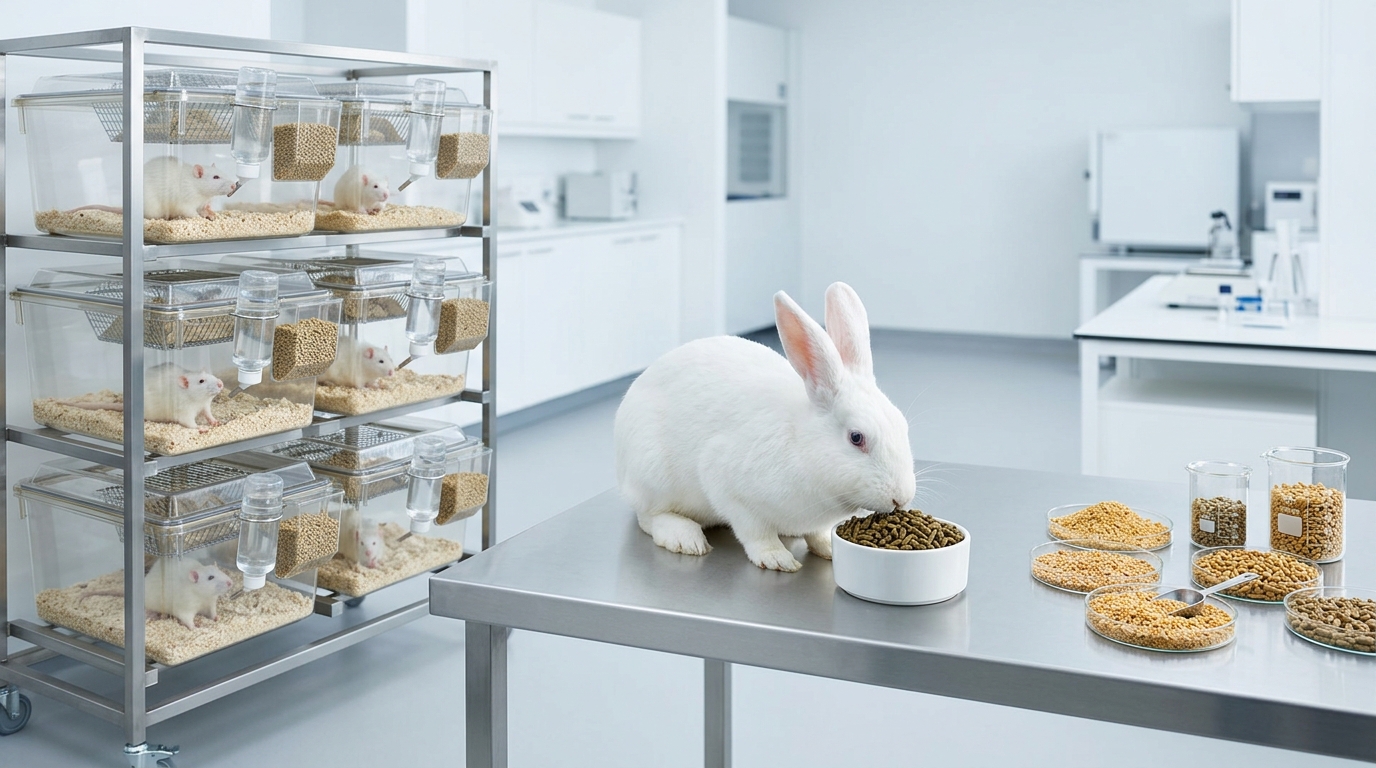 Laboratory animal feed pellets in glass dishes with analysis notebook and NIR probe