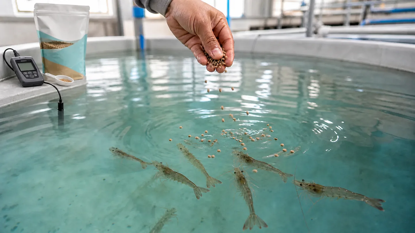 Technician feeding live shrimp beside packaged aquaculture feed and a water-quality monitoring probe