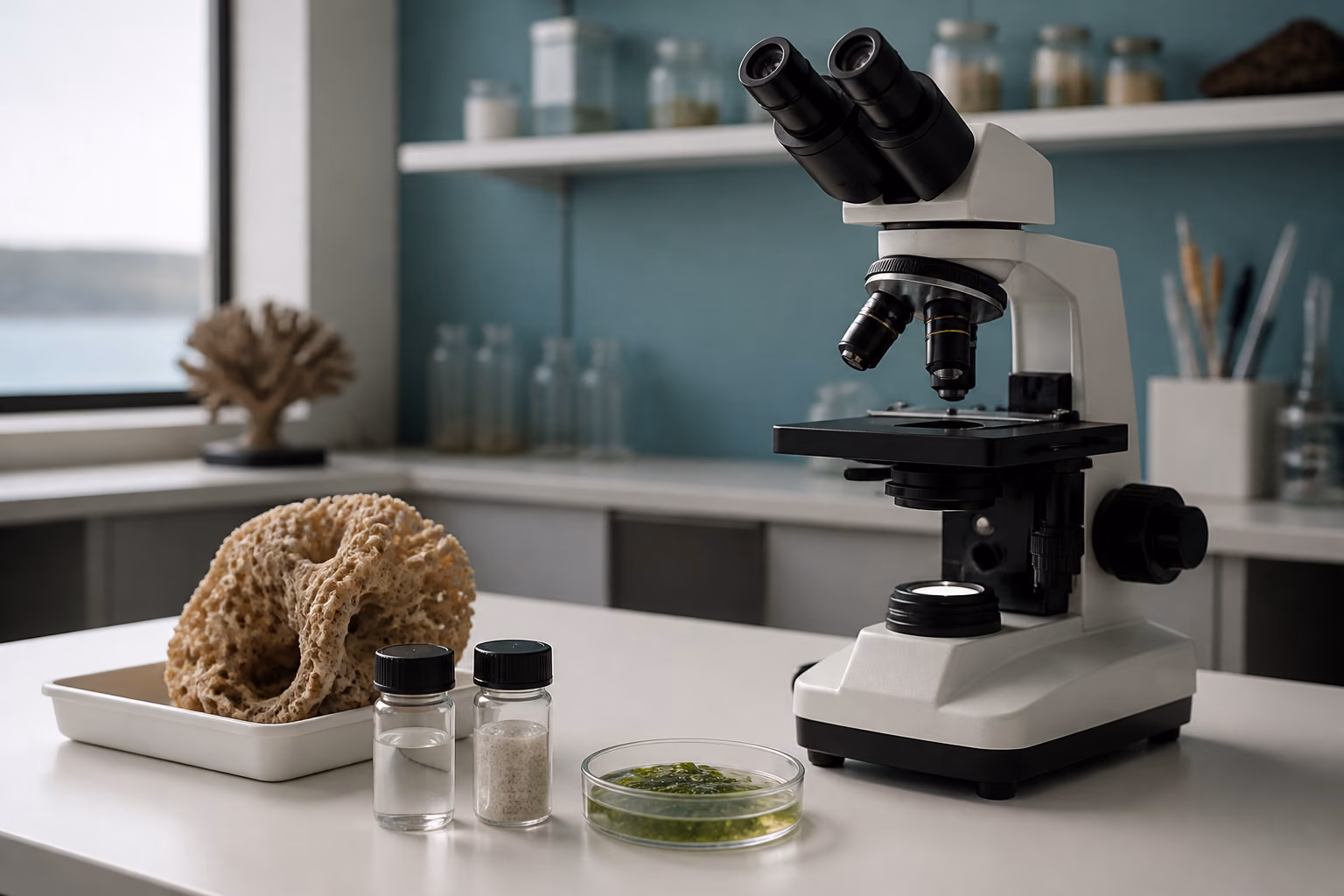 Microscope, marine samples, microalgae, and environmental particles for characterization
