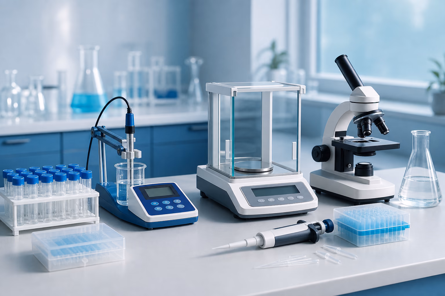 Laboratory consumables and precision instruments arranged on a clean blue-toned bench