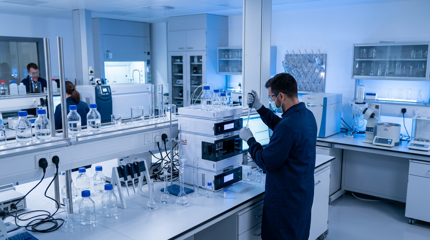 A modern analytical laboratory with advanced testing equipment and scientists at work
