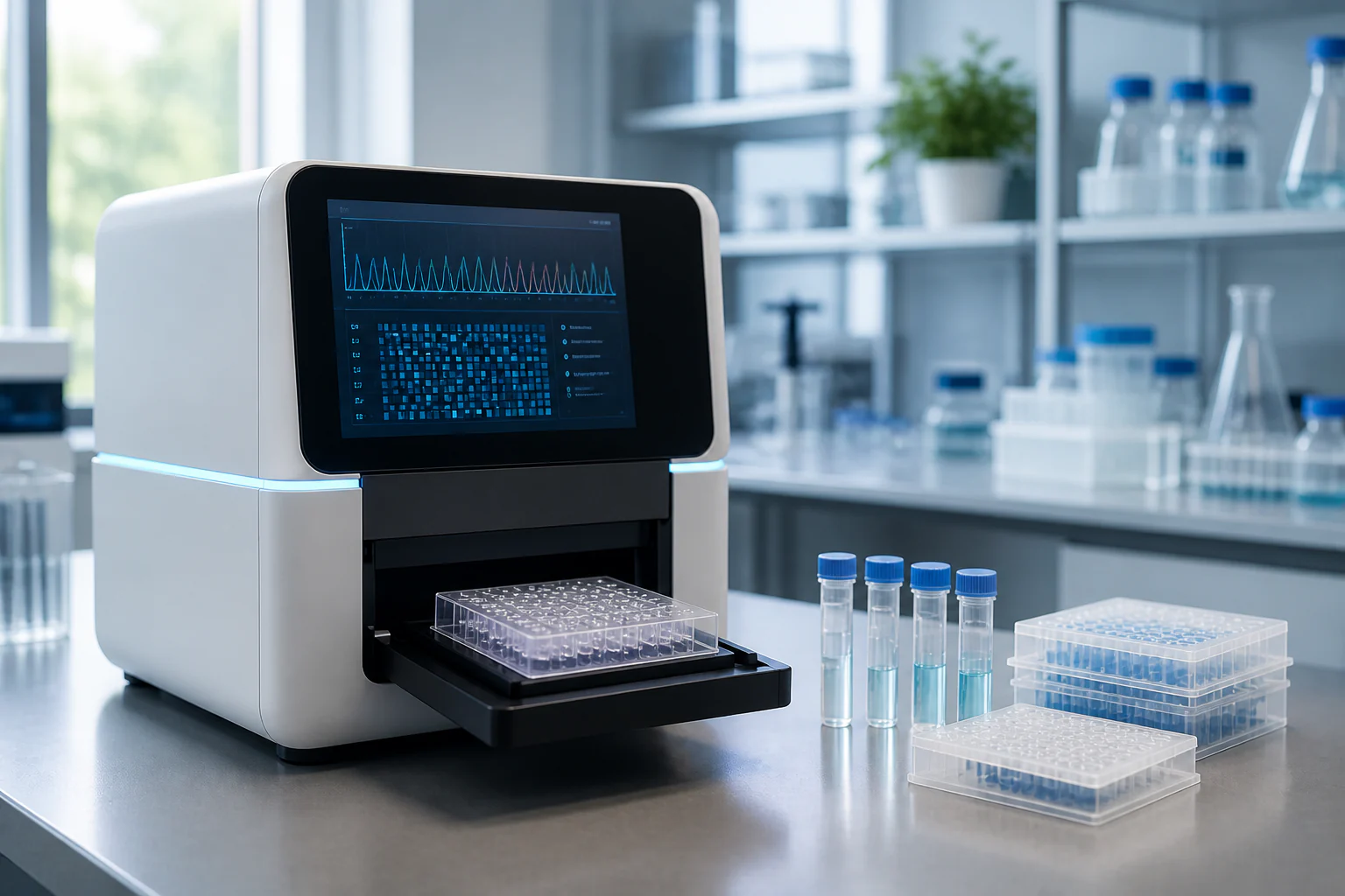 Modern genomic sequencer with sample plates and capped laboratory tubes